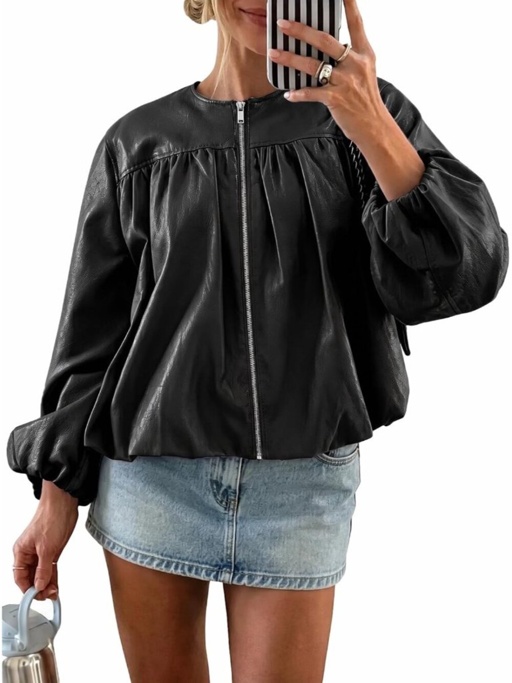 Women's Black Faux Leather Zip Up Bomber Jacket Bubble Hem Loose Fit Crop Coat